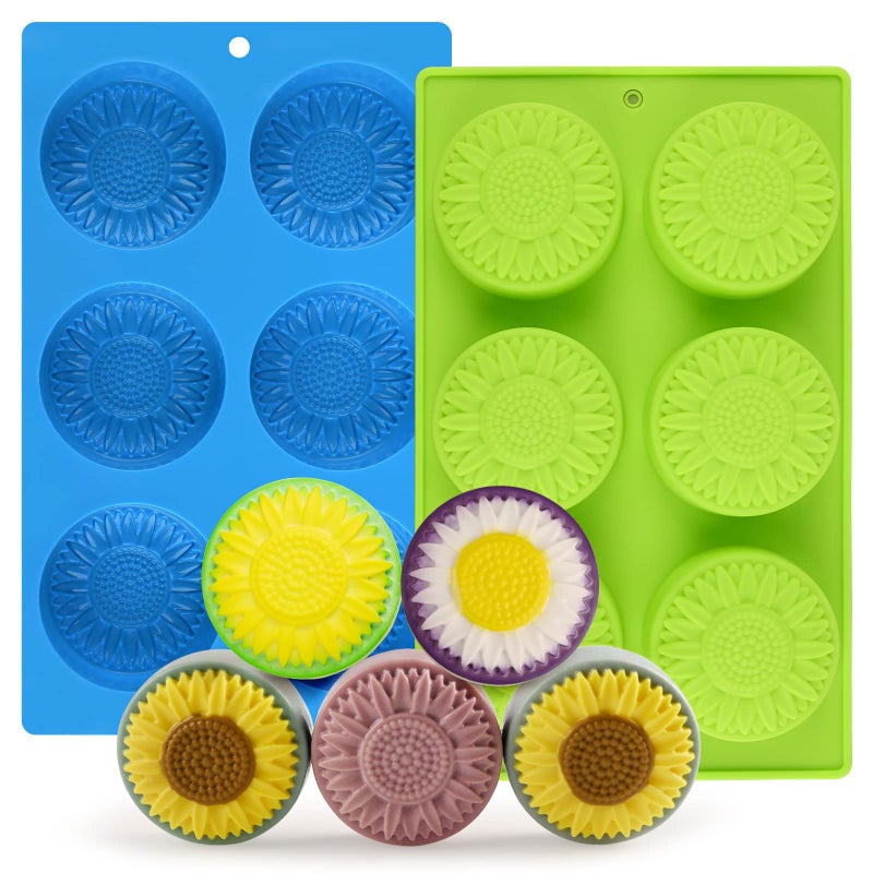 Actvty Round Sunflower Soap Molds, 2 Pack 6 Cavity Cylinder Daisy Flower Silicone Molds for Making Hot Chocolate Bomb, Cake, Jelly, Soap, Lotion Bars - Image 1