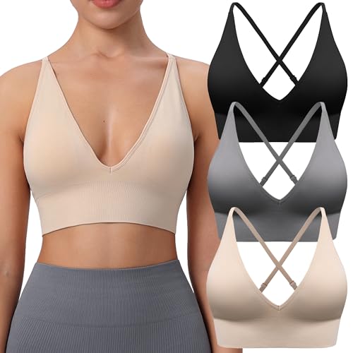 Evercute Women's Sports Bras Adjustable Deep V Neck Wireless Spaghetti Strap Criss Cross Padded Seamless Low Support Sexy Everyday Bras - Image 1