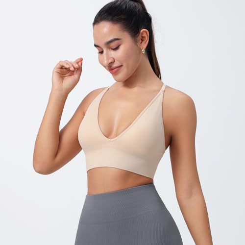 Evercute Women's Sports Bras Adjustable Deep V Neck Wireless Spaghetti Strap Criss Cross Padded Seamless Low Support Sexy Everyday Bras - Image 5