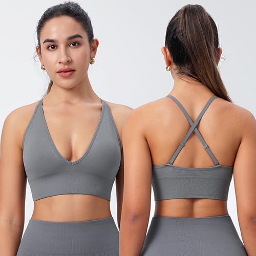Evercute Women's Sports Bras Adjustable Deep V Neck Wireless Spaghetti Strap Criss Cross Padded Seamless Low Support Sexy Everyday Bras - Image 2