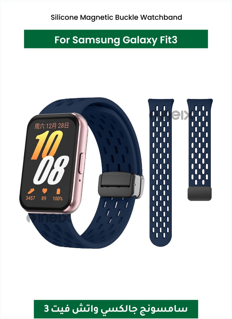 INEIX Silicone Magnetic Buckle Watchband For Samsung Galaxy Fit3 Official Bracelet Replacement Wristband For Galaxy Fit 3 Band Accessories-Navy Blue 