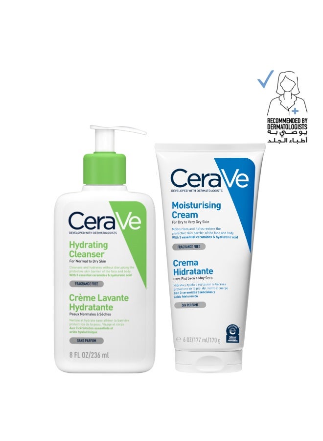 CeraVe Moisturising Cream For Dry Skin - 177ml + Hydrating Cleanser For Normal To Dry Skin With Hyaluronic Acid 236ml - Image 1