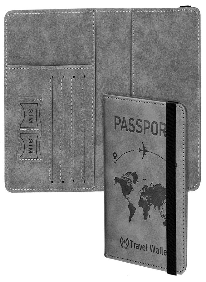 VMZONE Grey RFID Blocking PU Leather Travel Passport Holder Cover Travel Wallet Organiser Passport Case Travel Document Organiser for Men & Women (14.58 X 11CM- Grey) - Image 1