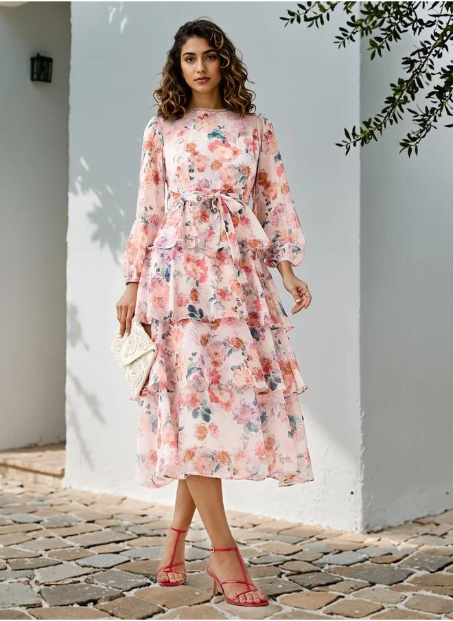 2Xtremz 2Xtremz Floral Print Tiered Dress with Lace and Bow Detail