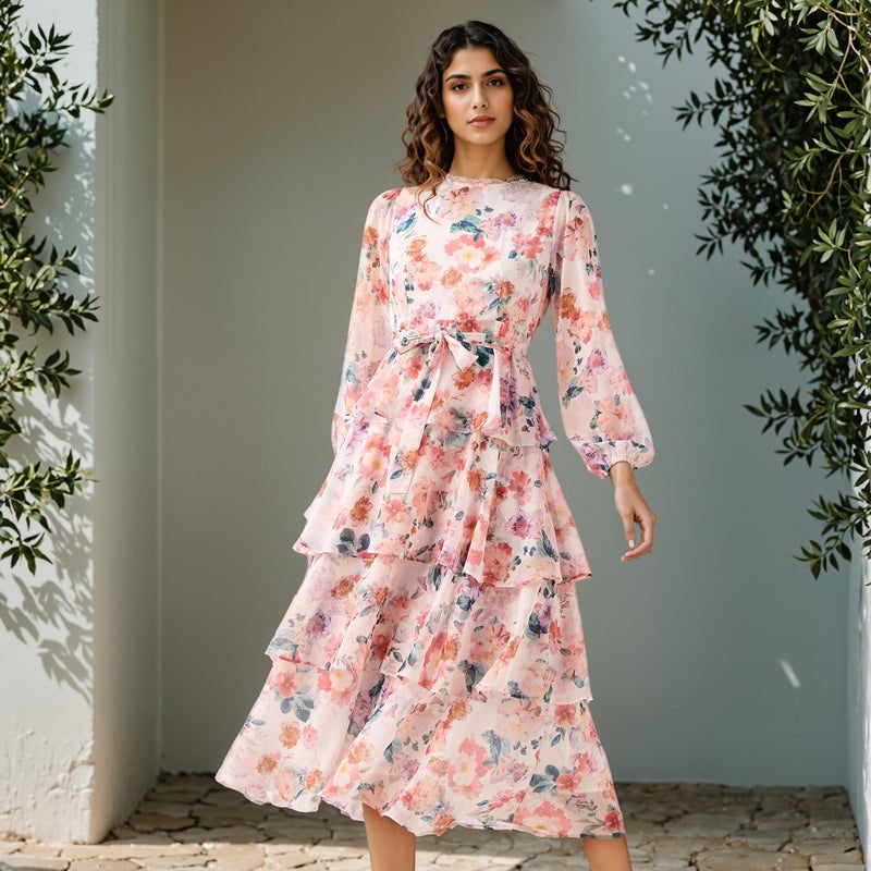 2Xtremz Floral Print Tiered Dress with Lace and Bow Detail - Image 1