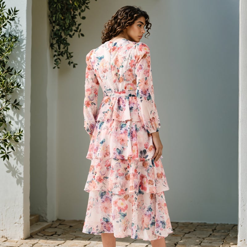 2Xtremz Floral Print Tiered Dress with Lace and Bow Detail - Image 3