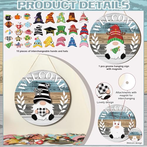 Qunclay Interchangeable Wooden Gnome Decor Holiday Seasonal Gnome Decorations with Magnet Pieces and Detachable Hats Changeable Welcome Sign for Home(Cute Style) - Image 4