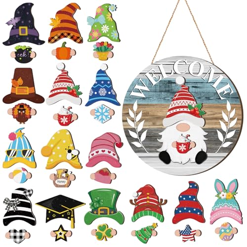 Qunclay Interchangeable Wooden Gnome Decor Holiday Seasonal Gnome Decorations with Magnet Pieces and Detachable Hats Changeable Welcome Sign for Home(Cute Style) - Image 1