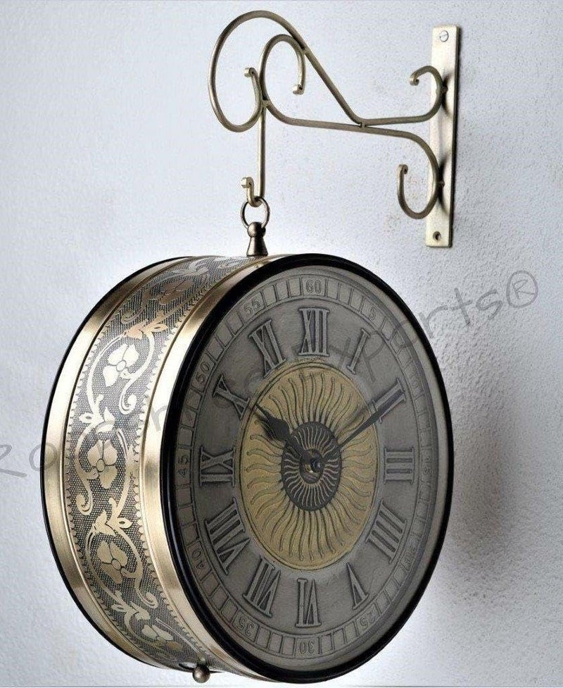 Vintage Clock Handcrafted Double Side Clock/Brass Finish/Artisitic Sun & Star Design/ 6509-10-BW2&BW1 - Image 1