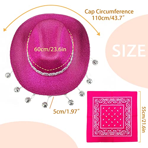 JIANGLAI Pink Disco Cowgirl Hat with Bandana,Glitter Rhinestone Disco Ball Cowboy Hat for Costume Accessories Women Men Cosplay Party (Hot Pink) - Image 2