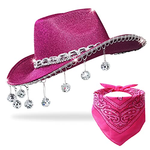 JIANGLAI Pink Disco Cowgirl Hat with Bandana,Glitter Rhinestone Disco Ball Cowboy Hat for Costume Accessories Women Men Cosplay Party (Hot Pink) - Image 1