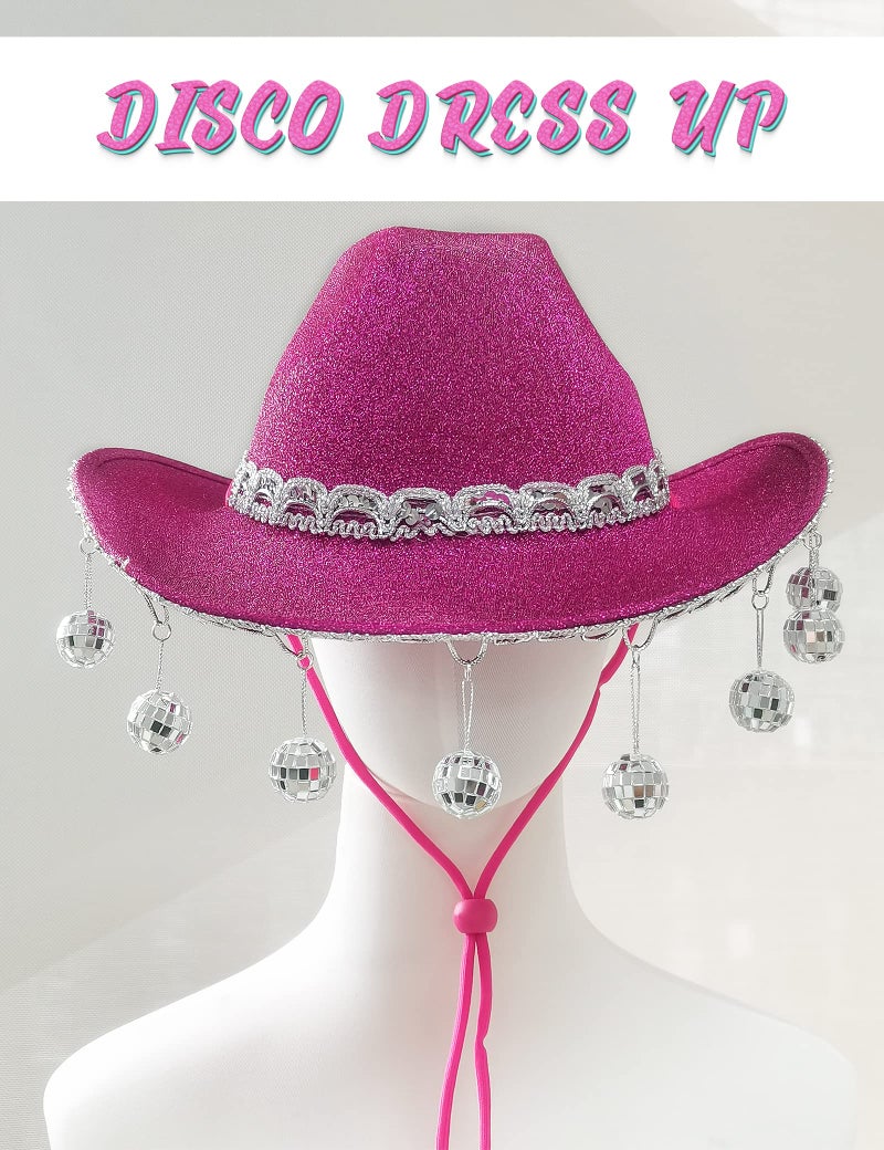 JIANGLAI Pink Disco Cowgirl Hat with Bandana,Glitter Rhinestone Disco Ball Cowboy Hat for Costume Accessories Women Men Cosplay Party (Hot Pink) - Image 4