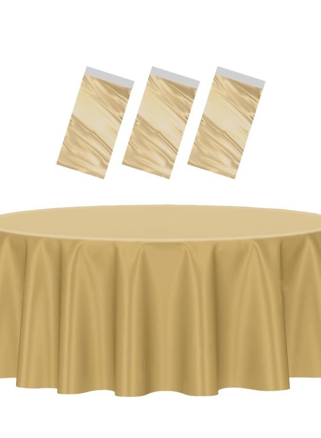 HEIPINIUYE 3 Pack Gold Tablecloth Round 84 Inch Round Plastic Table Cloth Waterproof Disposable Round Table Cover for Party Birthday Camping Picnic Baby Shower Circle Tablecloth - Image 1