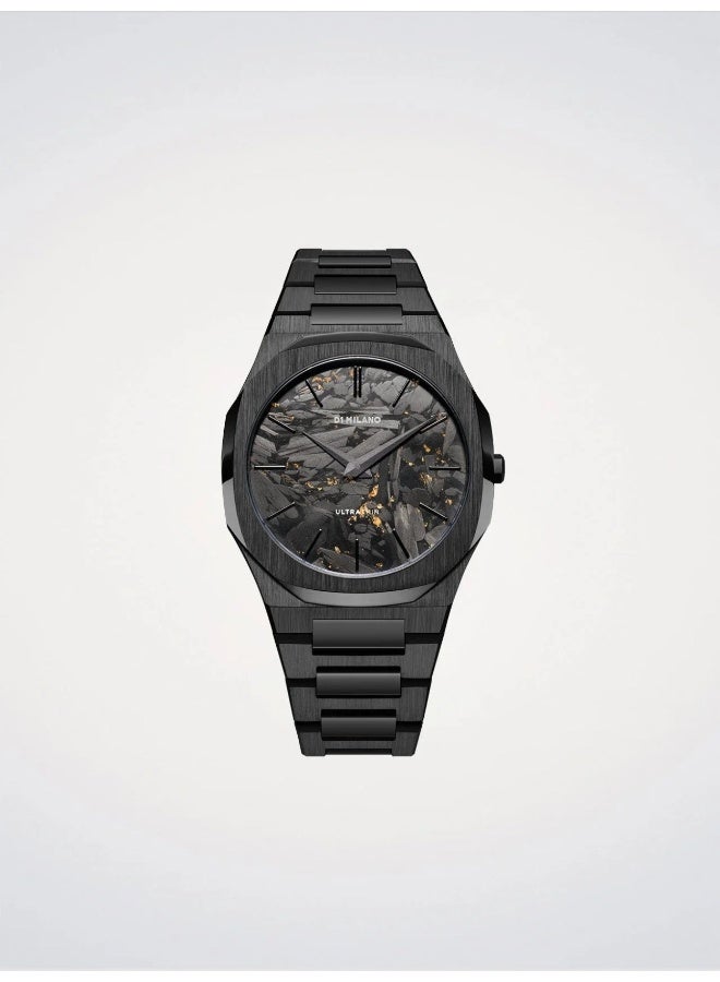 D1 MILANO Ultra Thin Black DLC (40mm) Black & Gold Carbon Dial / Black PVD Stainless Steel Bracelet - Image 1