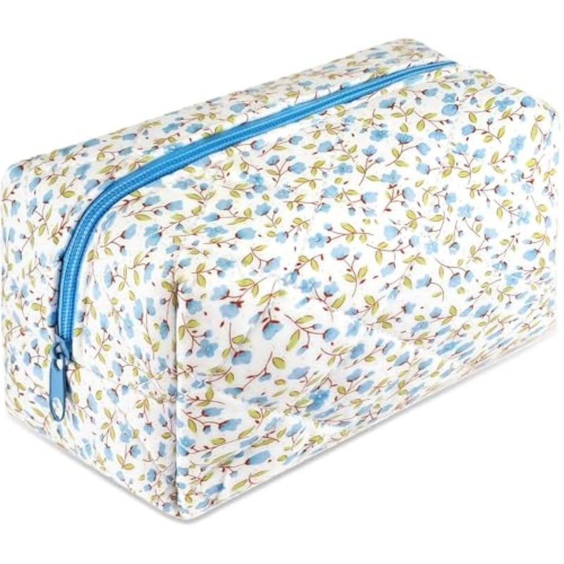 Cotton Quilted Makeup Bag Small Cosmetic Bag Floral Puffy Cute Travel Makeup Organizer Coquette Toiletry Makeup Pouch Aesthetic Portable Zipper Storage Bag for Women Teen Girls Kids (Blue) - Image 1
