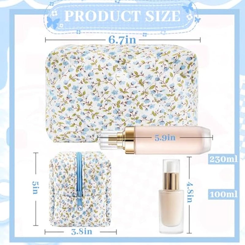 Cotton Quilted Makeup Bag Small Cosmetic Bag Floral Puffy Cute Travel Makeup Organizer Coquette Toiletry Makeup Pouch Aesthetic Portable Zipper Storage Bag for Women Teen Girls Kids (Blue) - Image 4