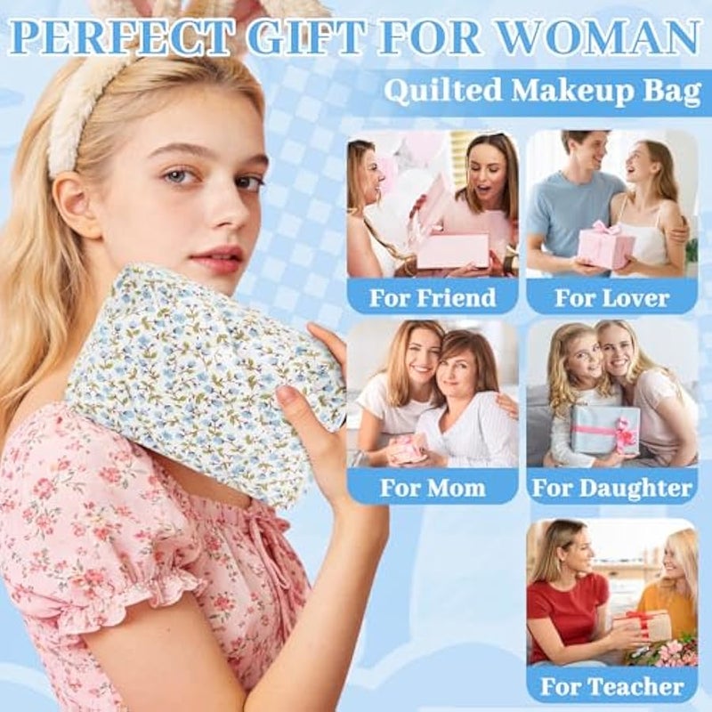 Cotton Quilted Makeup Bag Small Cosmetic Bag Floral Puffy Cute Travel Makeup Organizer Coquette Toiletry Makeup Pouch Aesthetic Portable Zipper Storage Bag for Women Teen Girls Kids (Blue) - Image 5