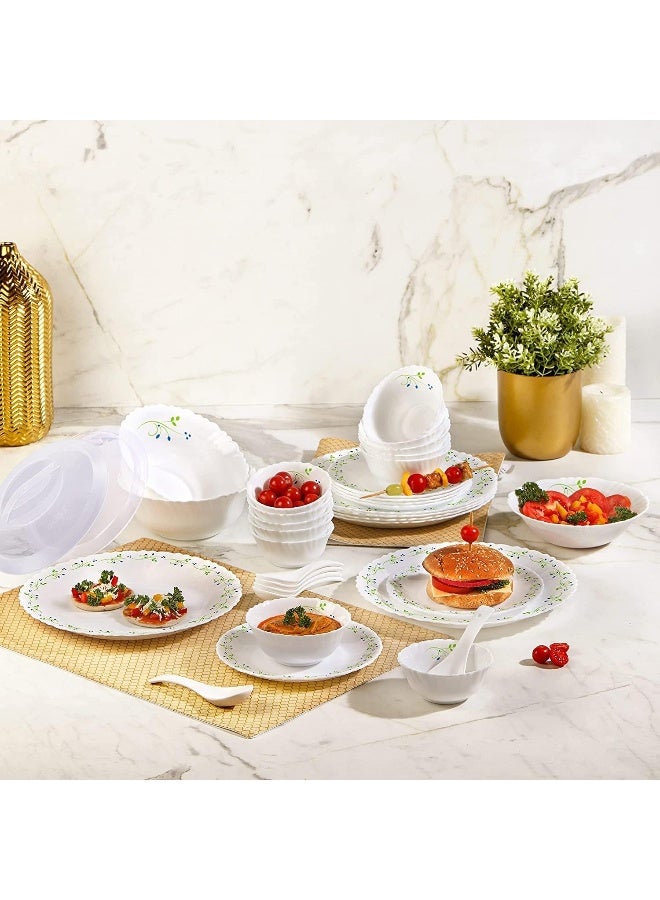 Cello Opalware Dazzle Series Tropical Lagoon Dinner Set, 35Pcs | Opal Glass Dinner Set for 6 | Light-Weight, Daily Use Crockery Set for Dining | White Plate and Bowl Set - Image 2