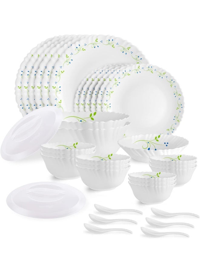 Cello Opalware Dazzle Series Tropical Lagoon Dinner Set, 35Pcs | Opal Glass Dinner Set for 6 | Light-Weight, Daily Use Crockery Set for Dining | White Plate and Bowl Set - Image 1