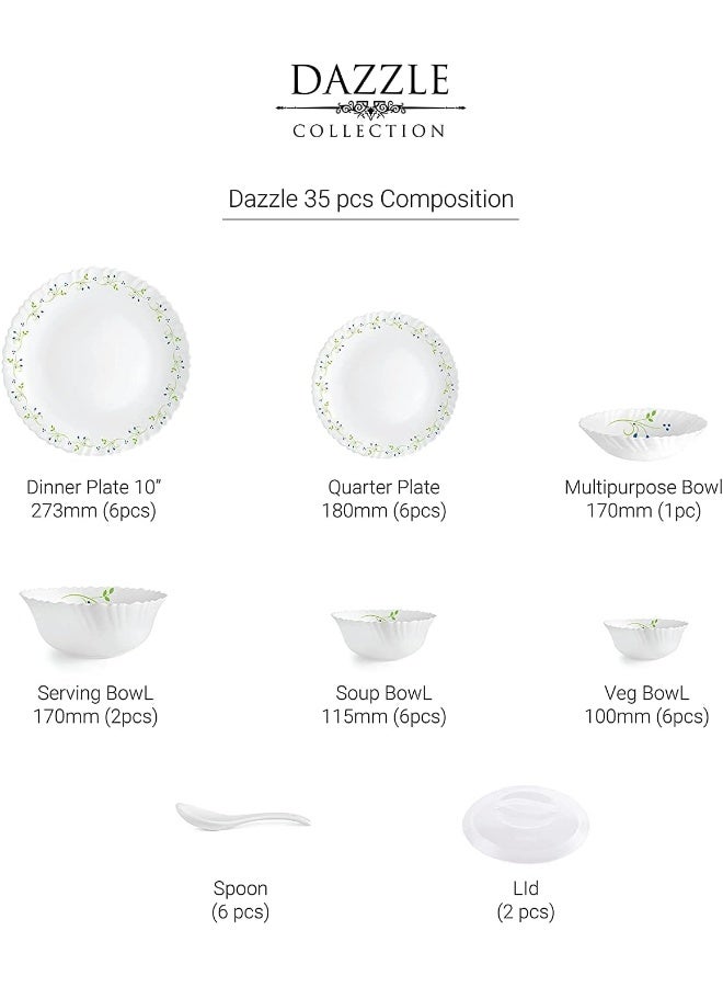 Cello Opalware Dazzle Series Tropical Lagoon Dinner Set, 35Pcs | Opal Glass Dinner Set for 6 | Light-Weight, Daily Use Crockery Set for Dining | White Plate and Bowl Set - Image 4
