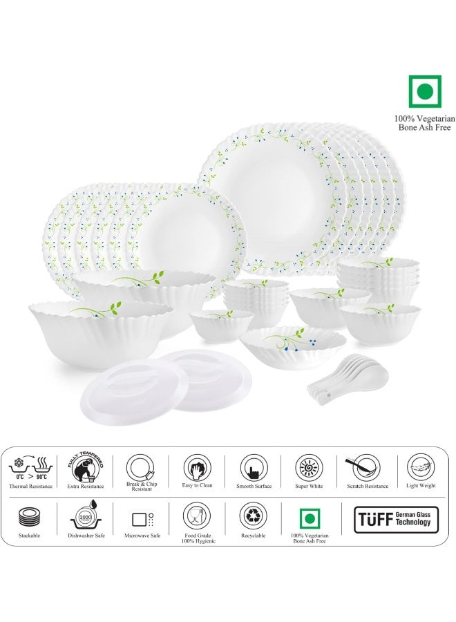 Cello Opalware Dazzle Series Tropical Lagoon Dinner Set, 35Pcs | Opal Glass Dinner Set for 6 | Light-Weight, Daily Use Crockery Set for Dining | White Plate and Bowl Set - Image 3