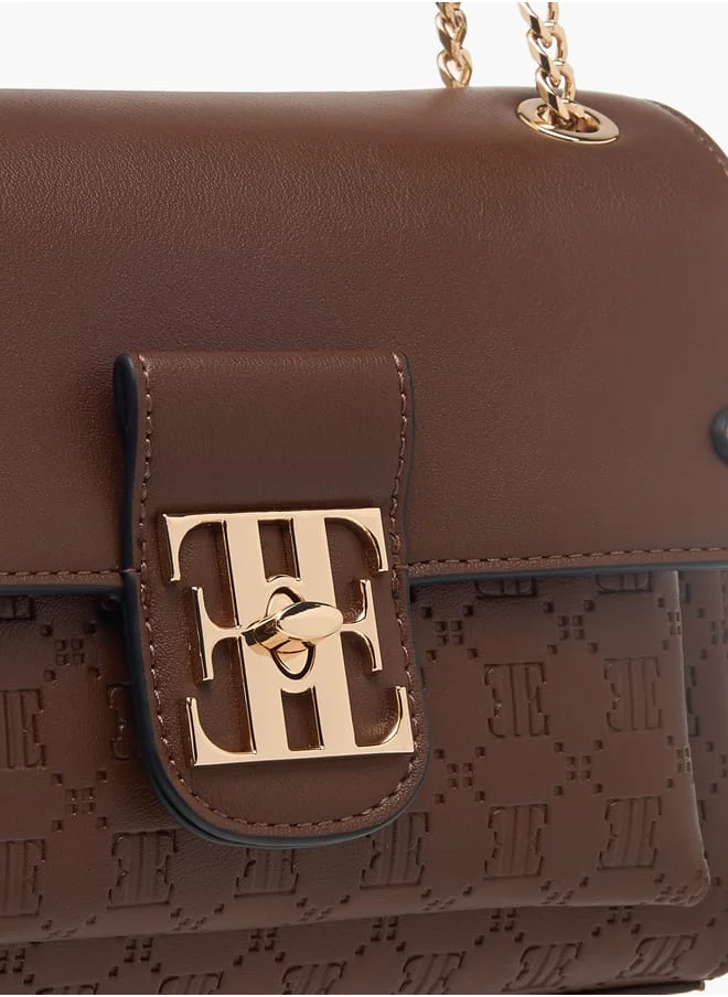 ELLE Womens Monogram Embossed Crossbody Bag With Chain Strap And Twist Lock Closure