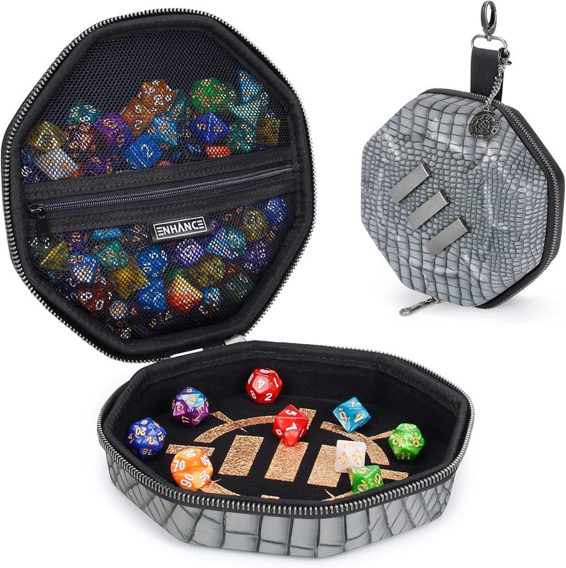 ENHANCE DND Dice Tray and Case - Collector's Edition DND Dice Holder for up to 150 D&D Shakers with Hard Shell Exterior and Soft Interior - Rolling Tray Perfect for Game Night (Dragon Silver) - Image 1