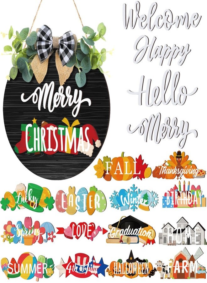 Burbell 20 Pcs Interchangeable Welcome Sign for All Seasons Seasonal Front Door Decor with 4 Sign and 14 Changeable Icons Farmhouse Front Porch Rustic Wooden Door Decor for Christmas(Black) - Image 1