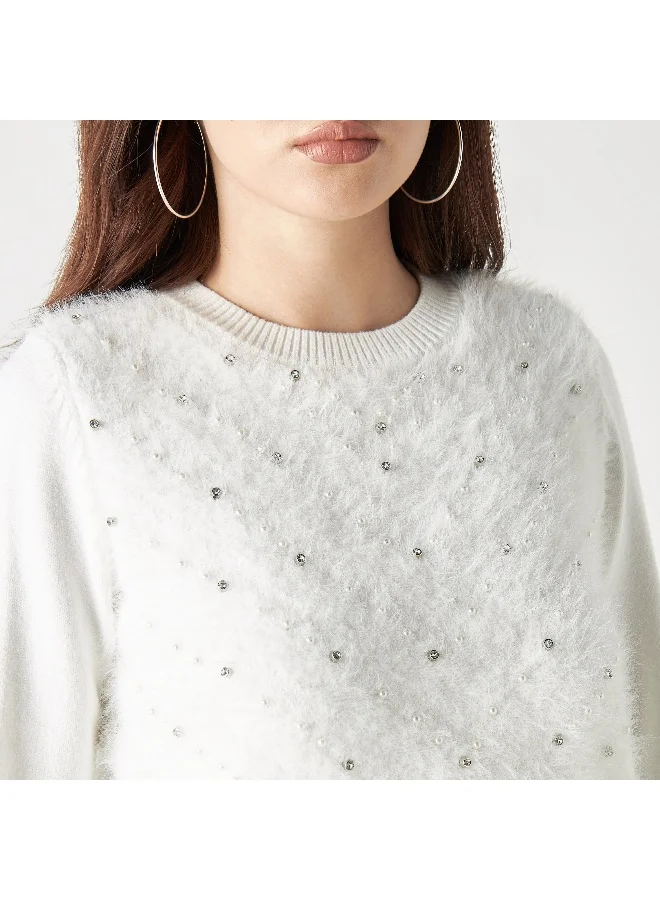 2Xtremz 2Xtremz Embellished Plush Sweater with Crew Neck and Long Sleeves