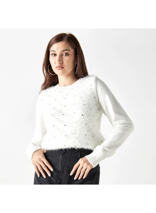 2Xtremz 2Xtremz Embellished Plush Sweater with Crew Neck and Long Sleeves
