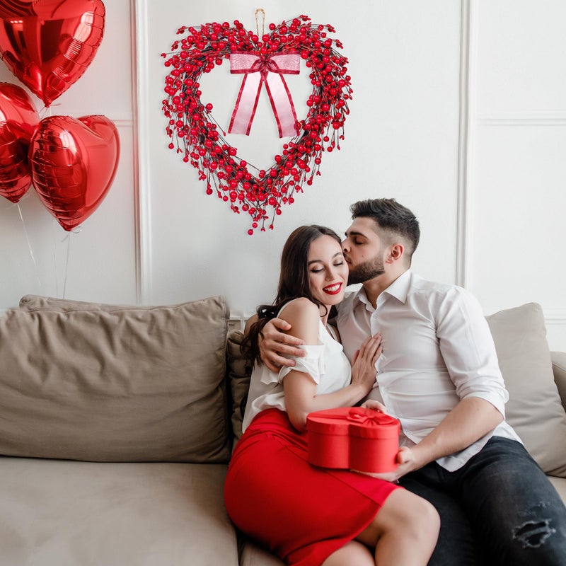 Sggvecsy 16in Valentine's Day Heart Wreath with Red Berries Red Heart Wreaths Handmade Valentines Day Wreath Rustic Twig Wreath with Silk Bow for Gifts Front Door Indoor Home Wedding Festival Decor - Image 5