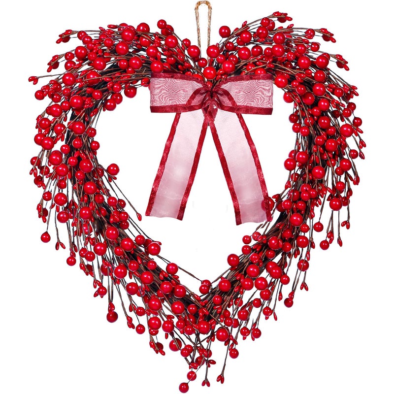Sggvecsy 16in Valentine's Day Heart Wreath with Red Berries Red Heart Wreaths Handmade Valentines Day Wreath Rustic Twig Wreath with Silk Bow for Gifts Front Door Indoor Home Wedding Festival Decor - Image 1