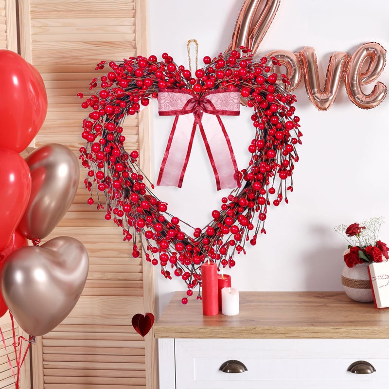 Sggvecsy 16in Valentine's Day Heart Wreath with Red Berries Red Heart Wreaths Handmade Valentines Day Wreath Rustic Twig Wreath with Silk Bow for Gifts Front Door Indoor Home Wedding Festival Decor - Image 3