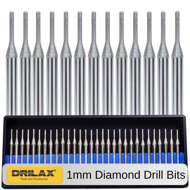 Drilax 30Piece 1mm Diamond Drill Bits Set 18 Shank Compatible with Dremel Rotary Tools Precision Diamond Dremel Bits for Stone Glass Ceramic Sea Glass Gemstones Shells Jewelry Making