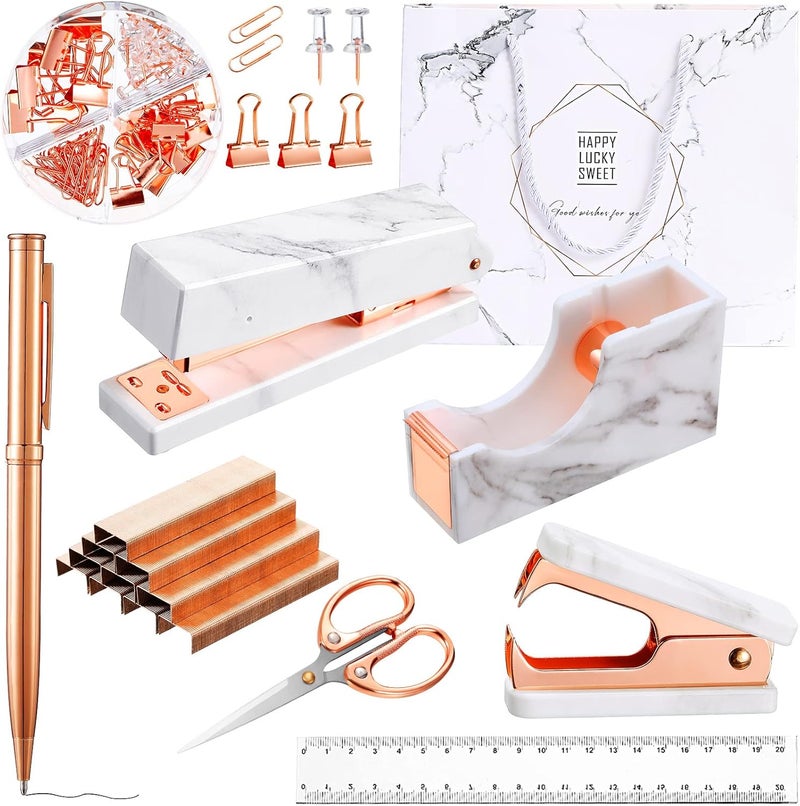 كلاراكو مجموعة ملحقات المكتب، مجموعة لوازم مكتبية، دباسة رخامية، موزع شريط لاصق، مزيل دبابيس، دبابيس، قلم حبر جاف، مشابك ورق، مقص، مسطرة شفافة، منظم مكتبي لموظفي المكاتب والطلاب (ذهبي وردي) - Image 1