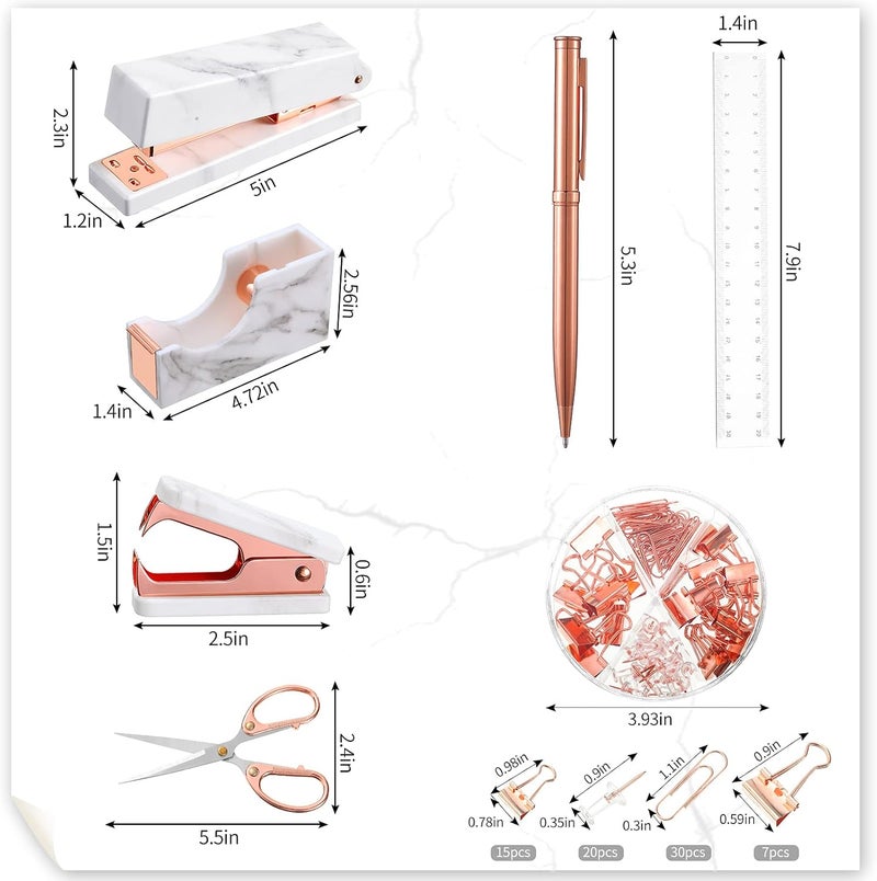 كلاراكو مجموعة ملحقات المكتب، مجموعة لوازم مكتبية، دباسة رخامية، موزع شريط لاصق، مزيل دبابيس، دبابيس، قلم حبر جاف، مشابك ورق، مقص، مسطرة شفافة، منظم مكتبي لموظفي المكاتب والطلاب (ذهبي وردي) - Image 2