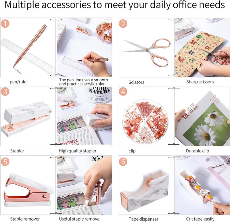 كلاراكو مجموعة ملحقات المكتب، مجموعة لوازم مكتبية، دباسة رخامية، موزع شريط لاصق، مزيل دبابيس، دبابيس، قلم حبر جاف، مشابك ورق، مقص، مسطرة شفافة، منظم مكتبي لموظفي المكاتب والطلاب (ذهبي وردي) - Image 4