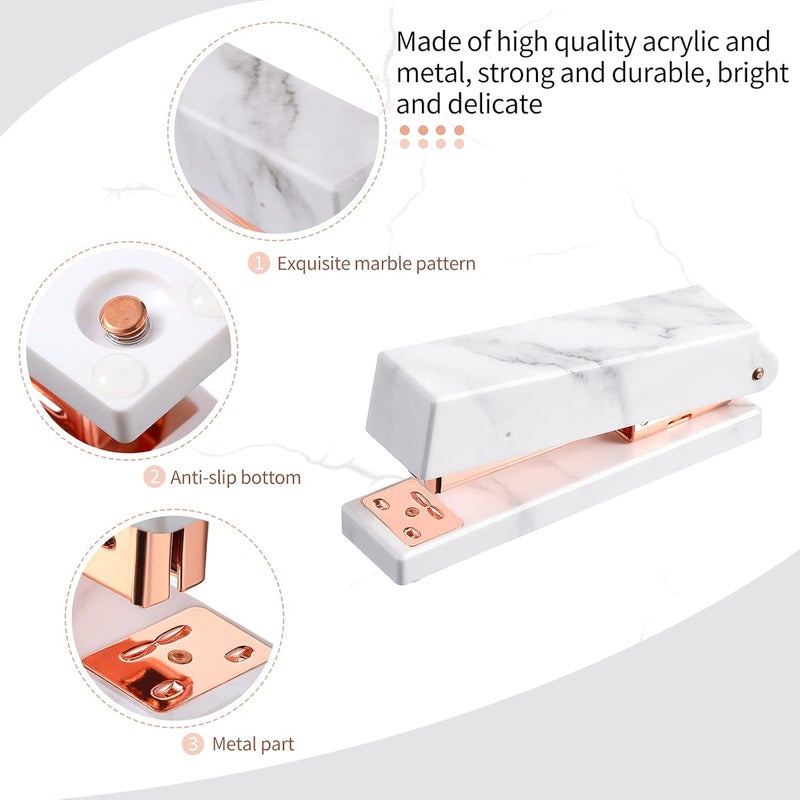 كلاراكو مجموعة ملحقات المكتب، مجموعة لوازم مكتبية، دباسة رخامية، موزع شريط لاصق، مزيل دبابيس، دبابيس، قلم حبر جاف، مشابك ورق، مقص، مسطرة شفافة، منظم مكتبي لموظفي المكاتب والطلاب (ذهبي وردي) - Image 3