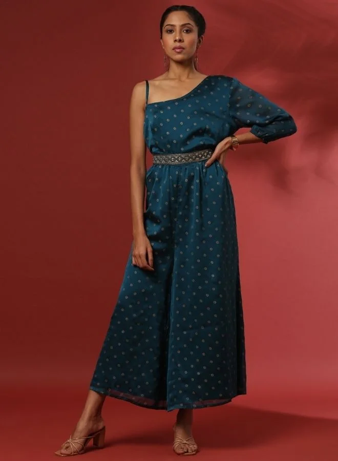 Abhishti One shoulder festive jumpsuit-teal