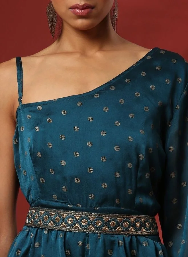 Abhishti One shoulder festive jumpsuit-teal