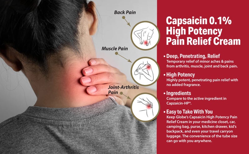 Globe (3 Pack) Capsaicin 0.1% High Potency Pain Relief Cream, Unscented (2 oz) Deep Penetrating Relief from: Arthritis, Muscle, Joint and Back Pain - Image 2