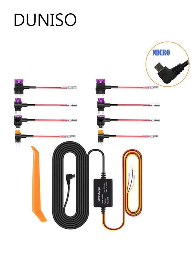 DUNISO Hardwire Kit for Dashcam 11ft MICRO USB Converts 12V-24V to 5V/2.5A, 24 Hours Parking Mode Car Dash Camera Charger Cable kit with Low Voltage Protection, 8 Fuse Holders Tap Cable  - Image 1