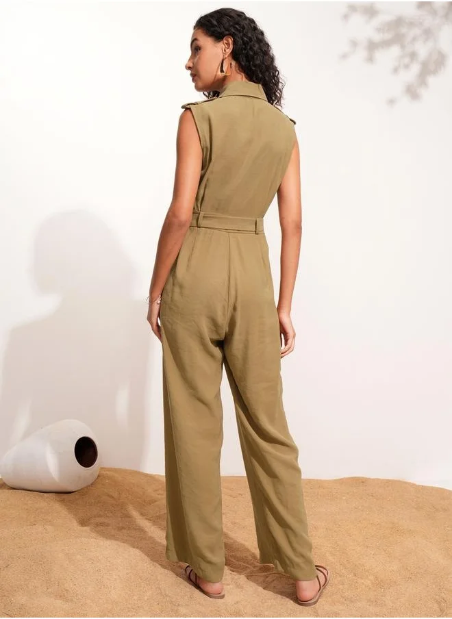 Tokyo Talkies Solid Sleeveless Collared Jumpsuit with Belt Detail