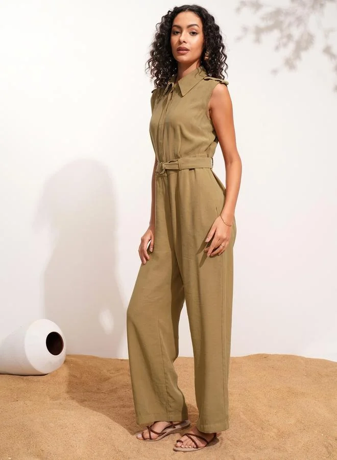 Tokyo Talkies Tokyo Talkies Solid Sleeveless Collared Jumpsuit with Belt Detail
