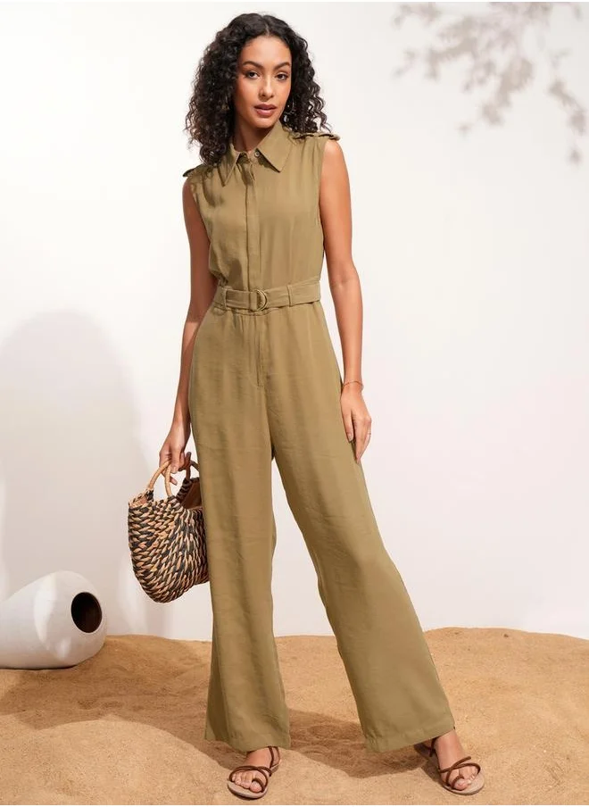 Tokyo Talkies Solid Sleeveless Collared Jumpsuit with Belt Detail