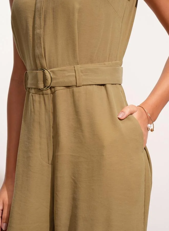 Tokyo Talkies Tokyo Talkies Solid Sleeveless Collared Jumpsuit with Belt Detail