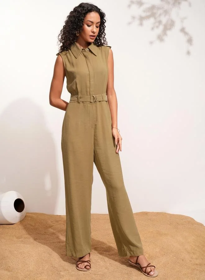 Tokyo Talkies Tokyo Talkies Solid Sleeveless Collared Jumpsuit with Belt Detail