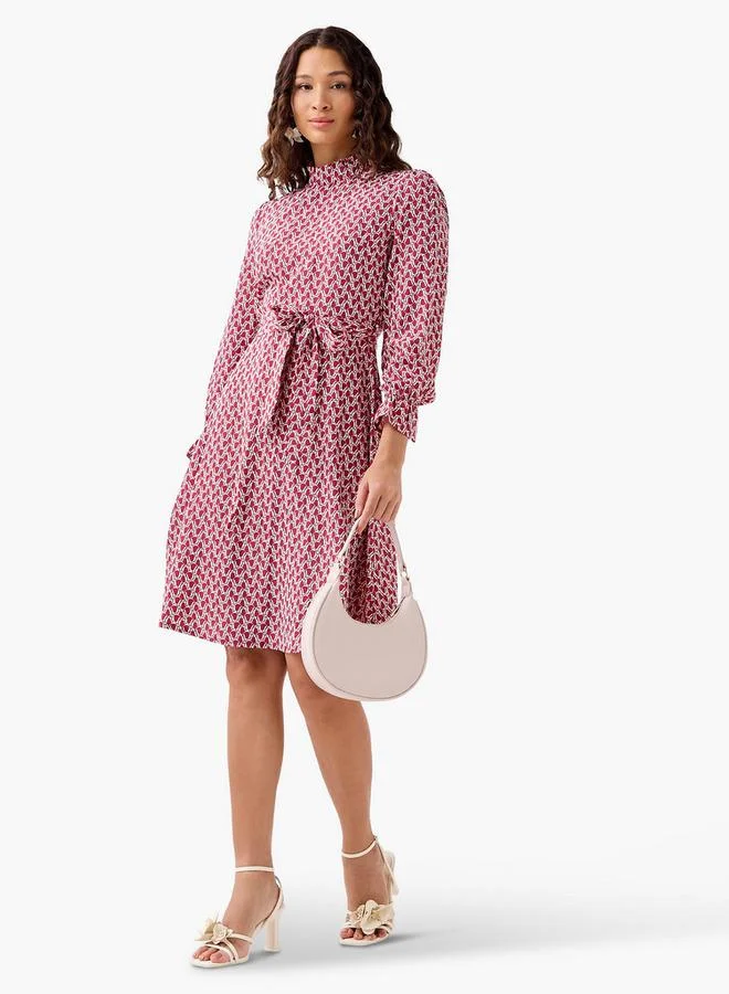 Splash FAV Abstract Print Mini Dress with High Neck and Tie-Up Belt