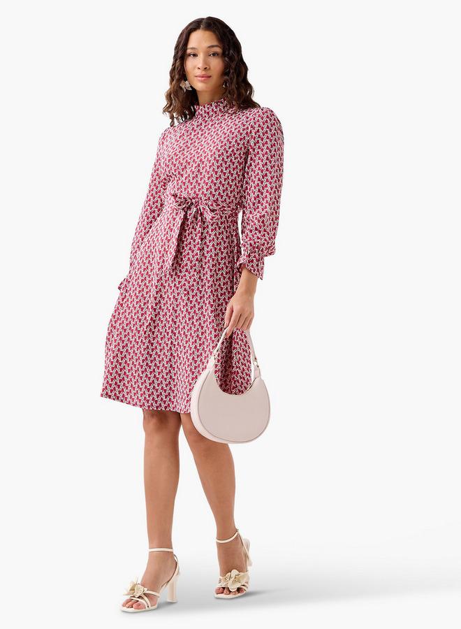 Splash FAV Abstract Print Mini Dress with High Neck and Tie-Up Belt - Image 2