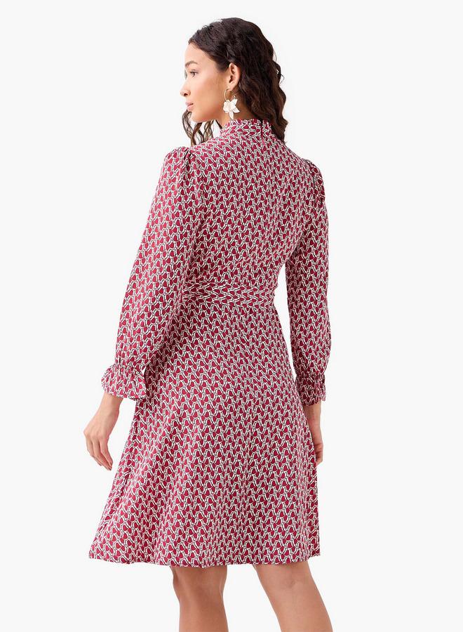 Splash FAV Abstract Print Mini Dress with High Neck and Tie-Up Belt - Image 3